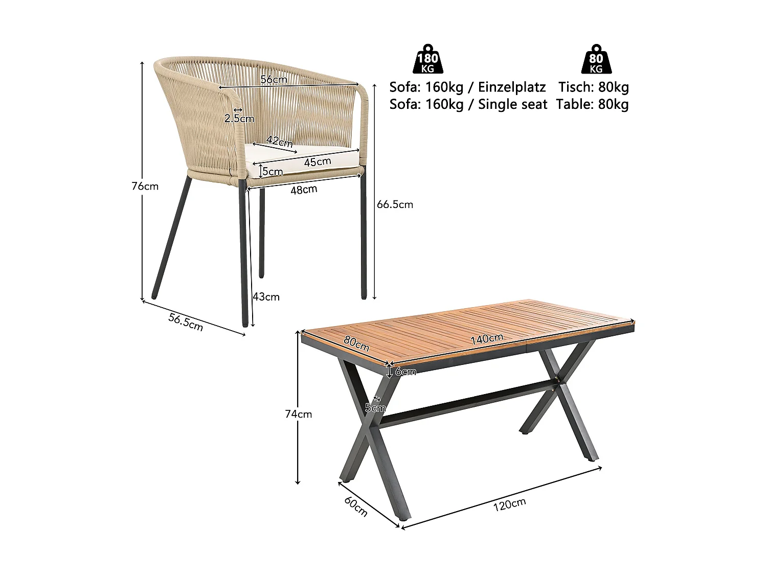 Ensemble de salle à manger de jardin (7 pièces), canapé en corde, table en acacia, 6 chaises avec coussins amovibles et lavables