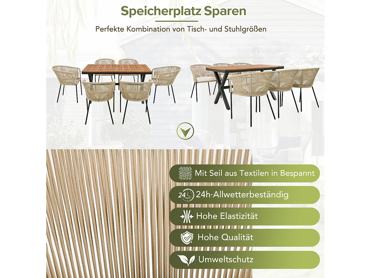 Ensemble de salle à manger de jardin (7 pièces), canapé en corde, table en acacia, 6 chaises avec coussins amovibles et lavables