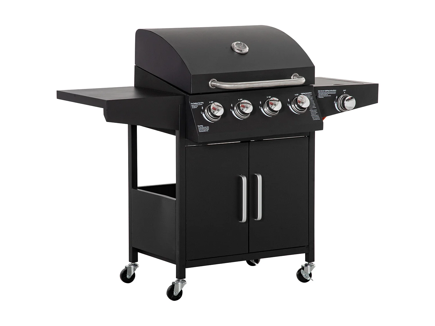 Barbecue a gas mobile con 3 bruciatori da 3 kW ciascuno, con ruote, griglie e tavolini laterali, in metallo nero (132,4x55x109 cm)