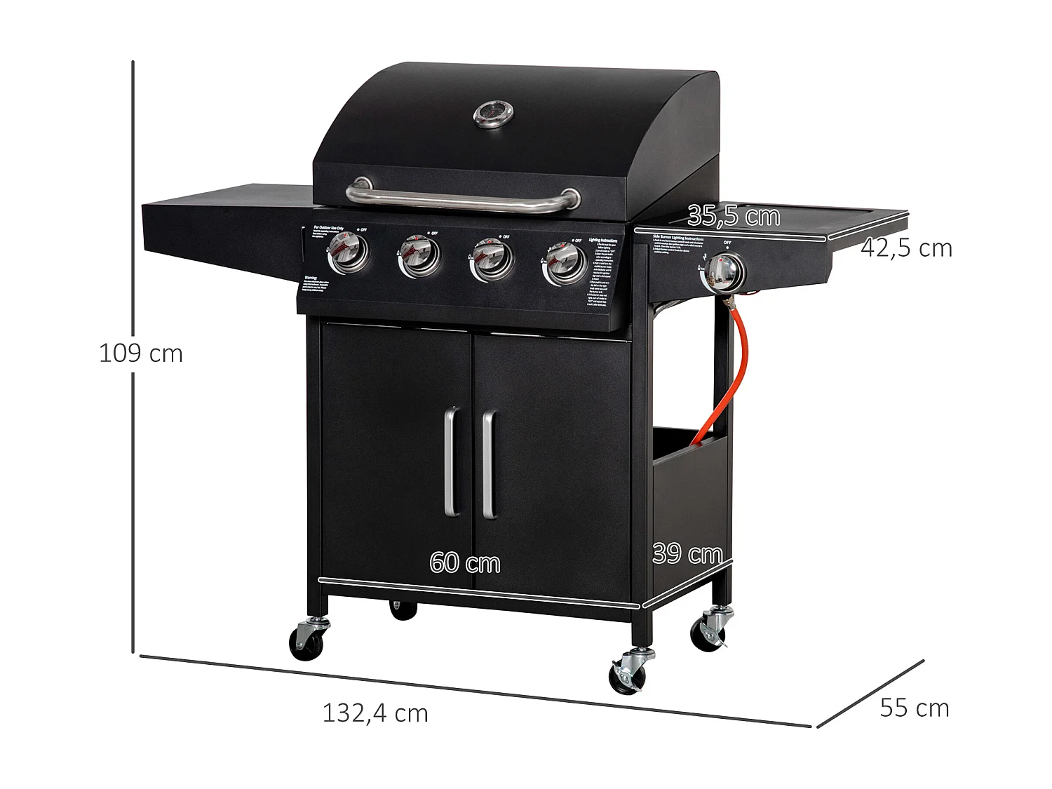 Barbecue a gas mobile con 3 bruciatori da 3 kW ciascuno, con ruote, griglie e tavolini laterali, in metallo nero (132,4x55x109 cm)