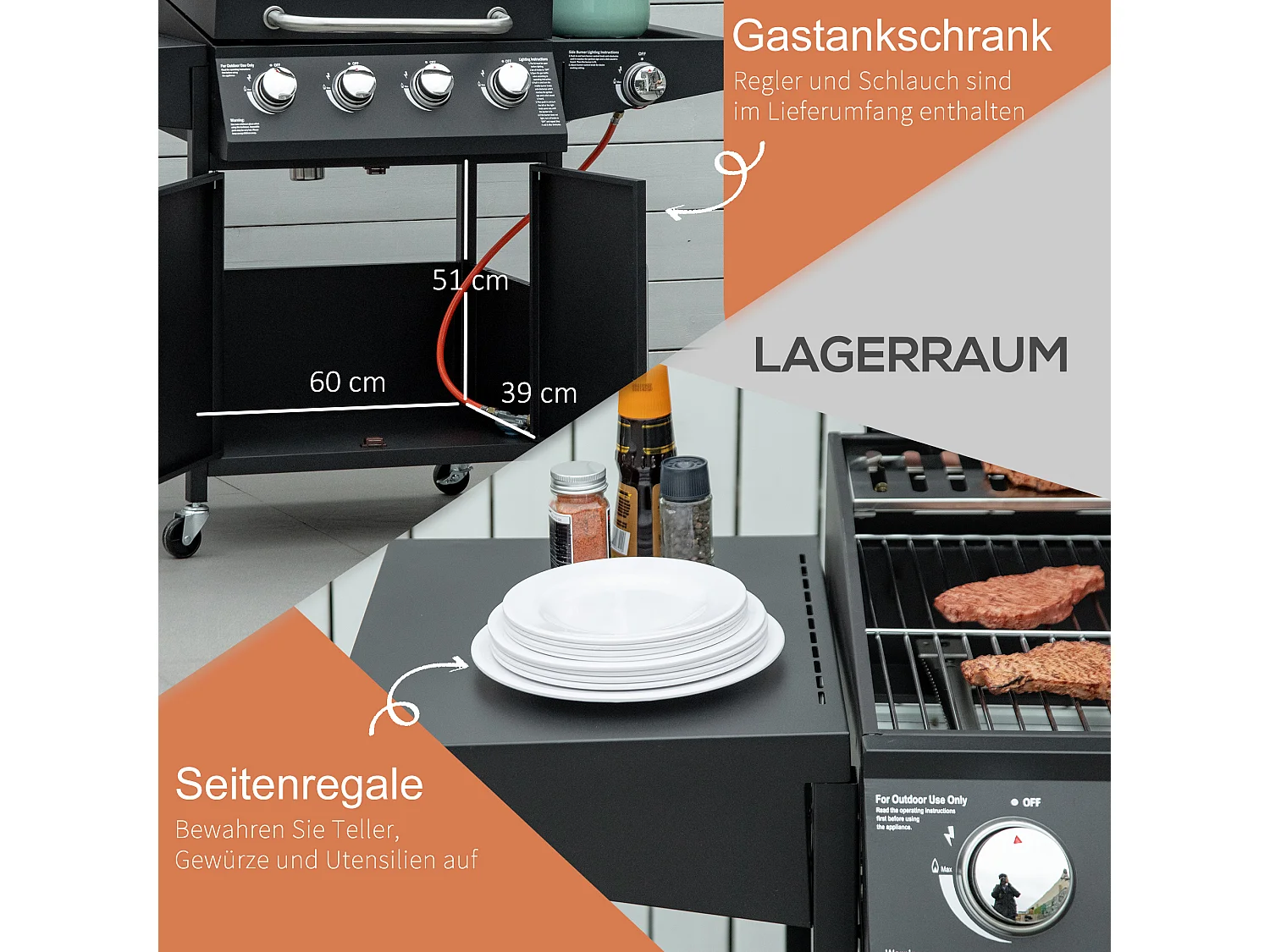 Barbecue a gas mobile con 3 bruciatori da 3 kW ciascuno, con ruote, griglie e tavolini laterali, in metallo nero (132,4x55x109 cm)