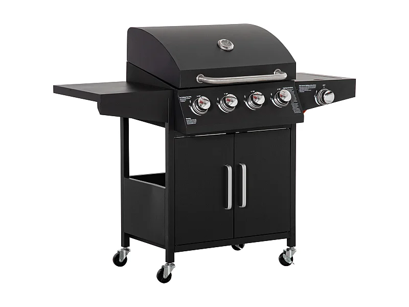 Barbecue a gas mobile con 3 bruciatori da 3 kW ciascuno, con ruote, griglie e tavolini laterali, in metallo nero (132,4x55x109 cm)