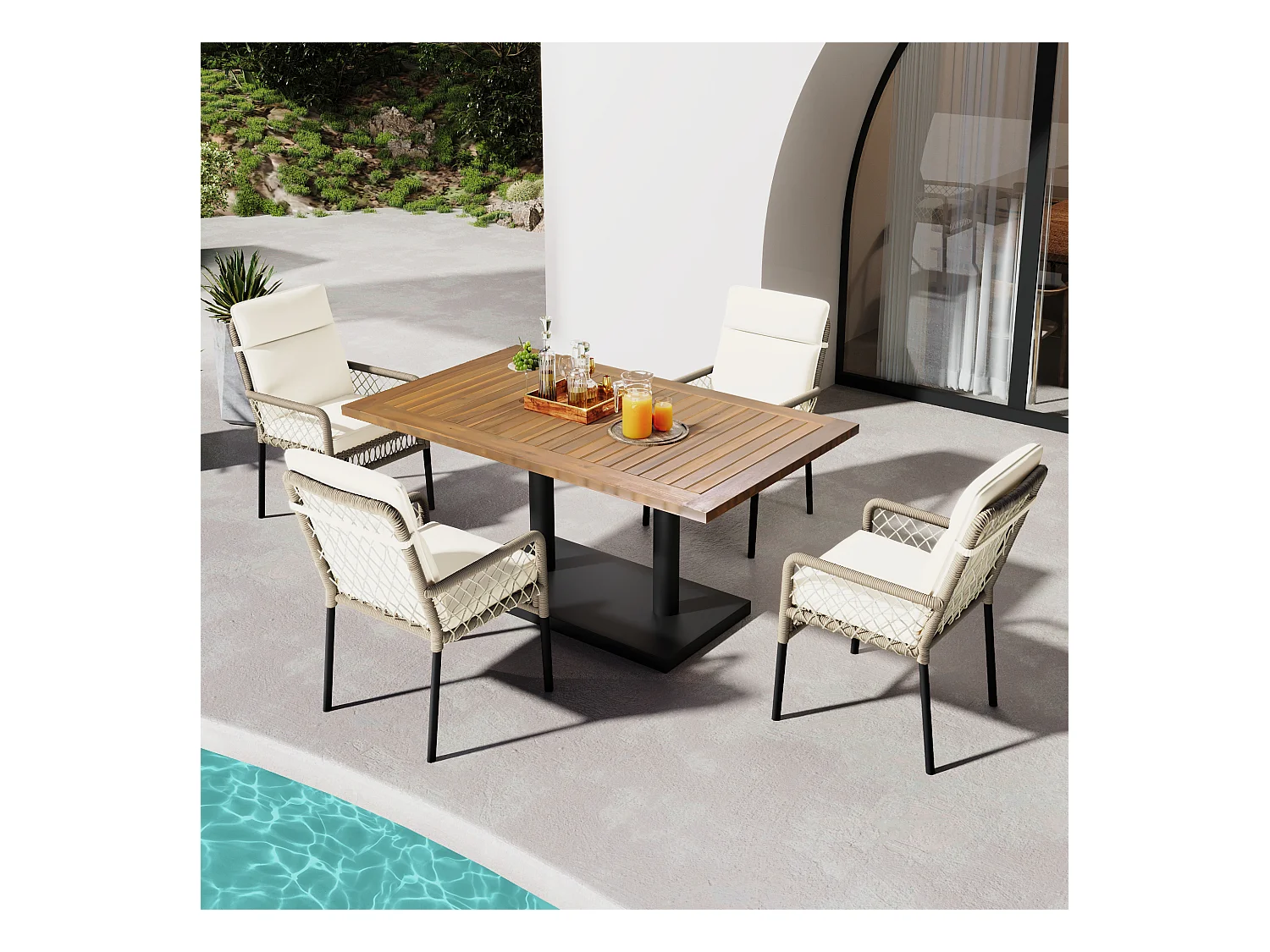 Set de salle à manger extérieur, 5 pièces, 4 personnes, bois d'acacia, résine tressée PE, blanc et bois (120x70x75 cm)