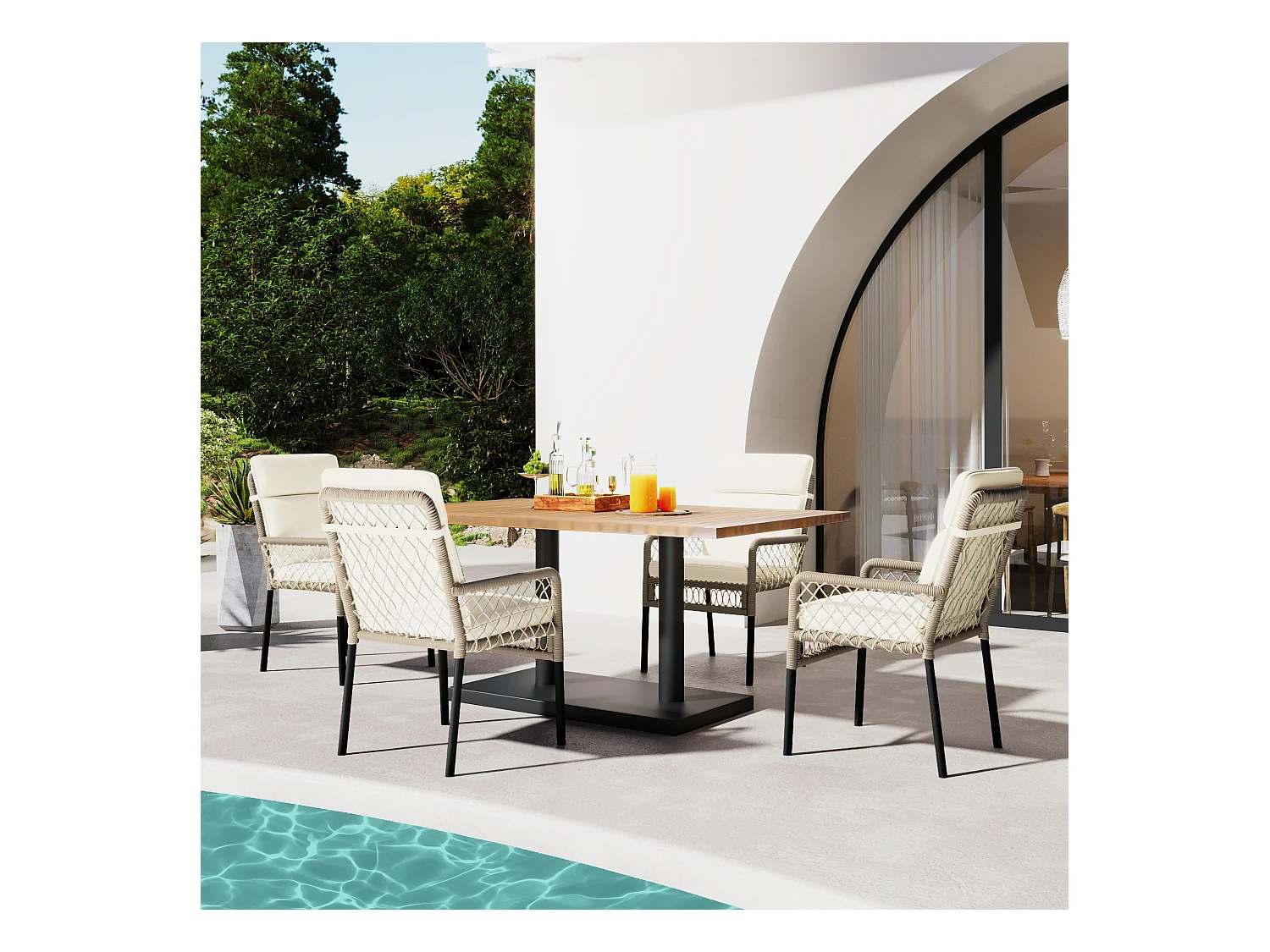 Set de salle à manger extérieur, 5 pièces, 4 personnes, bois d'acacia, résine tressée PE, blanc et bois (120x70x75 cm)