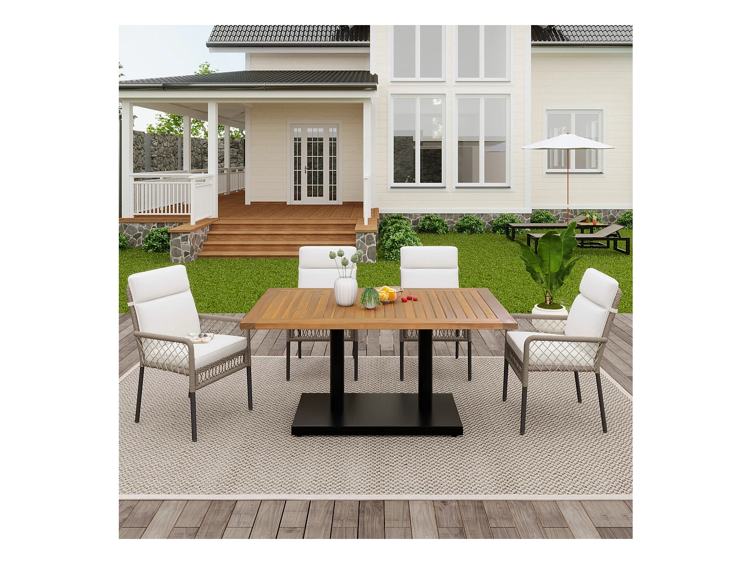 Set de salle à manger extérieur, 5 pièces, 4 personnes, bois d'acacia, résine tressée PE, blanc et bois (120x70x75 cm)