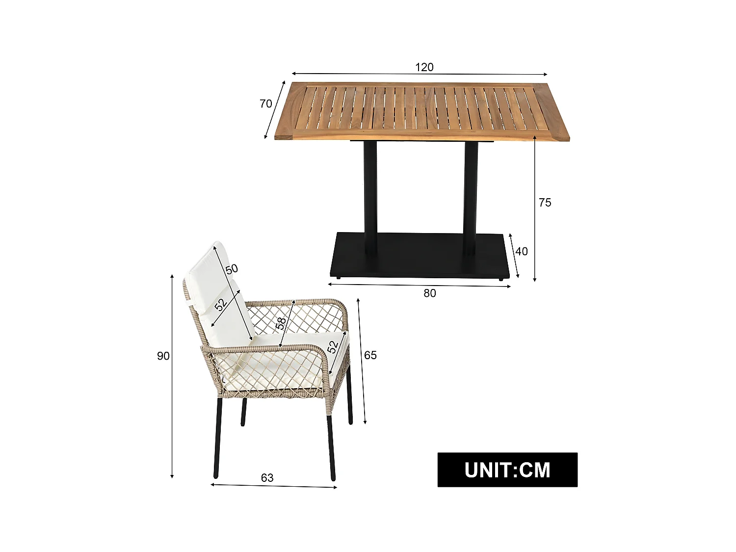 Set de salle à manger extérieur, 5 pièces, 4 personnes, bois d'acacia, résine tressée PE, blanc et bois (120x70x75 cm)