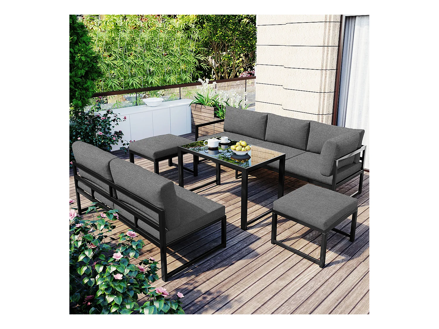 Conjunto de muebles de jardín con sofá de 4-5 plazas, aluminio, cojines grises, función relax, 5 piezas, con mesas de centro (199x60x65 cm)