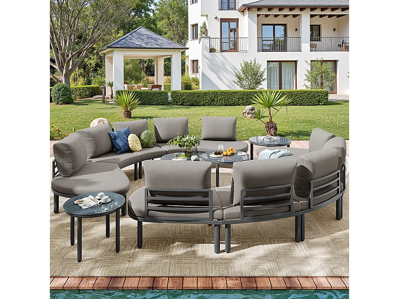 Conjunto de muebles de jardín de 10 plazas, metal galvanizado, cojines incluidos, madera de acacia, gris antiguo (no aplicable)