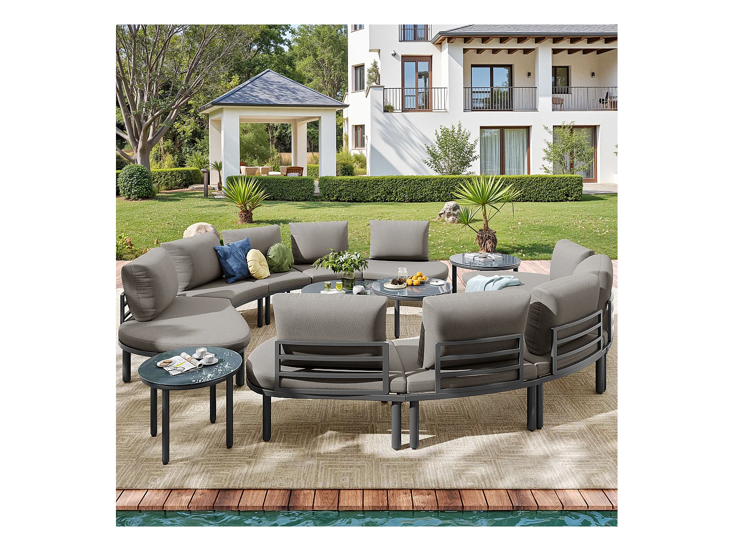 Salon de jardin 10 places, métal galvanisé, coussins inclus, bois d'acacia, gris antique (non applicable)