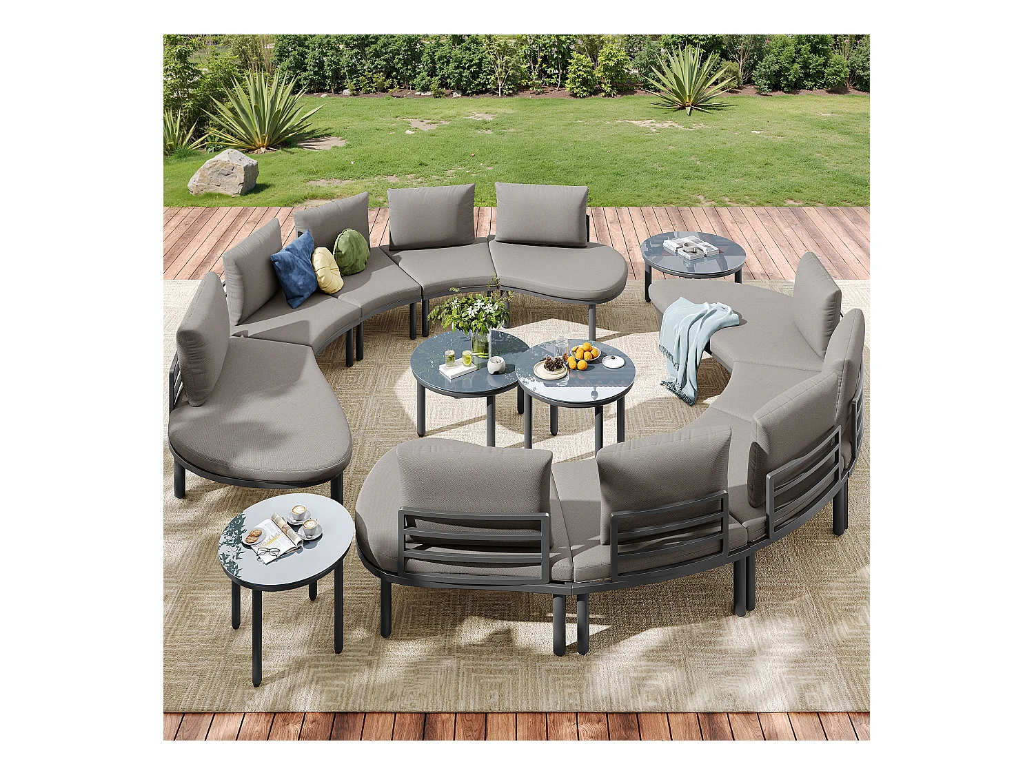 Salon de jardin 10 places, métal galvanisé, coussins inclus, bois d'acacia, gris antique (non applicable)