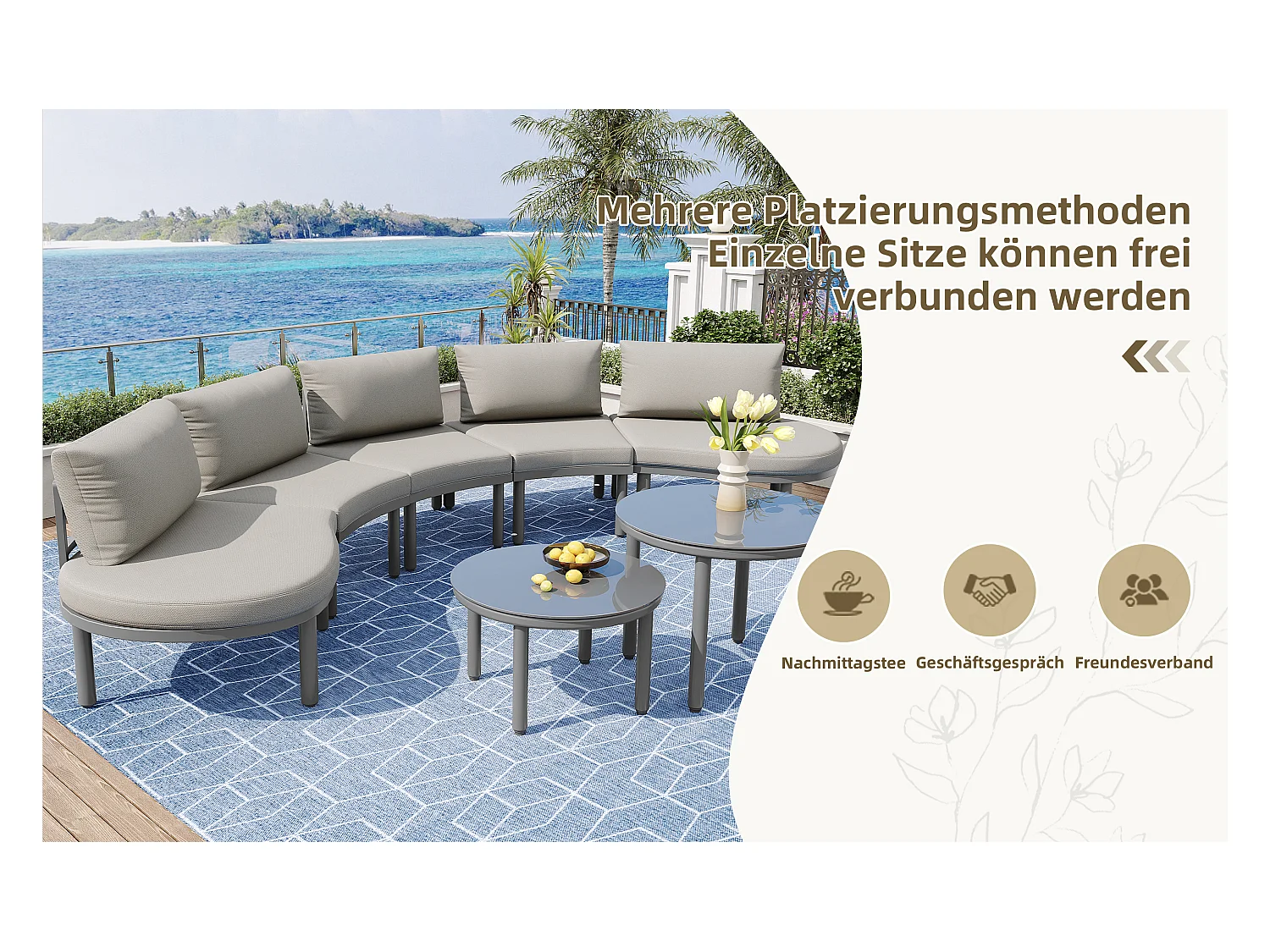 Salon de jardin 10 places, métal galvanisé, coussins inclus, bois d'acacia, gris antique (non applicable)