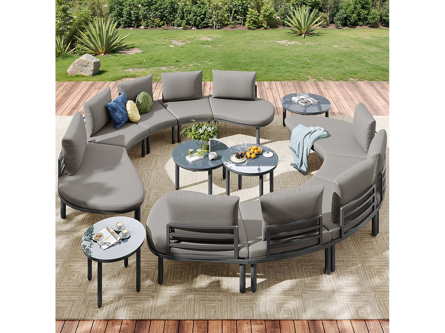 Salon de jardin 10 places, métal galvanisé, coussins inclus, bois d'acacia, gris antique (non applicable)