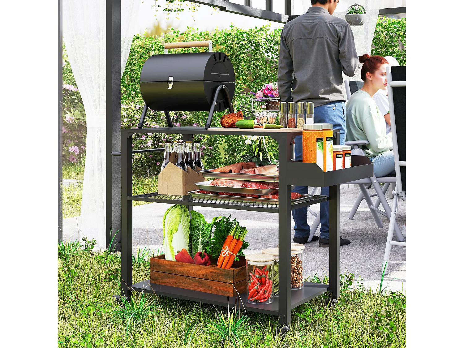 Chariot de barbecue 3 niveaux avec plan de travail, acier inoxydable, noir (105x50x79cm)