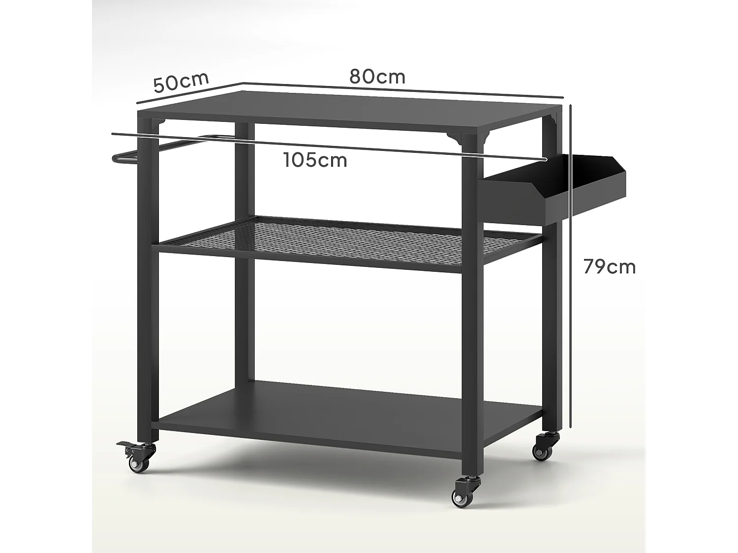Chariot de barbecue 3 niveaux avec plan de travail, acier inoxydable, noir (105x50x79cm)