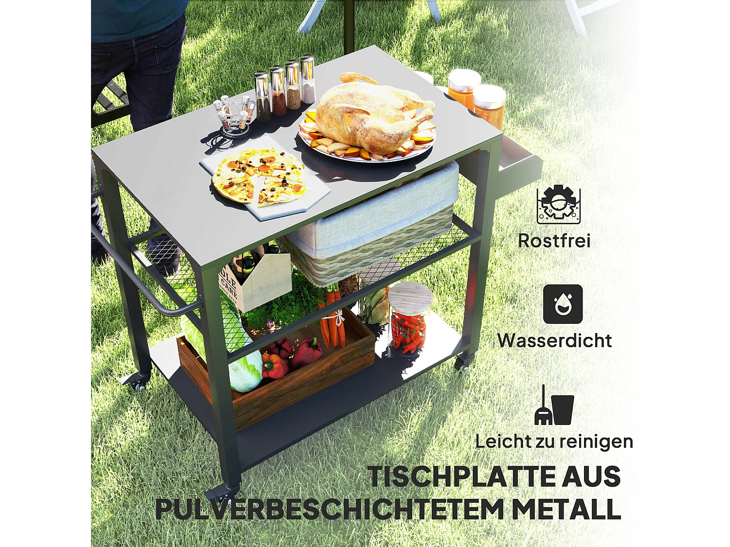 Chariot de barbecue 3 niveaux avec plan de travail, acier inoxydable, noir (105x50x79cm)