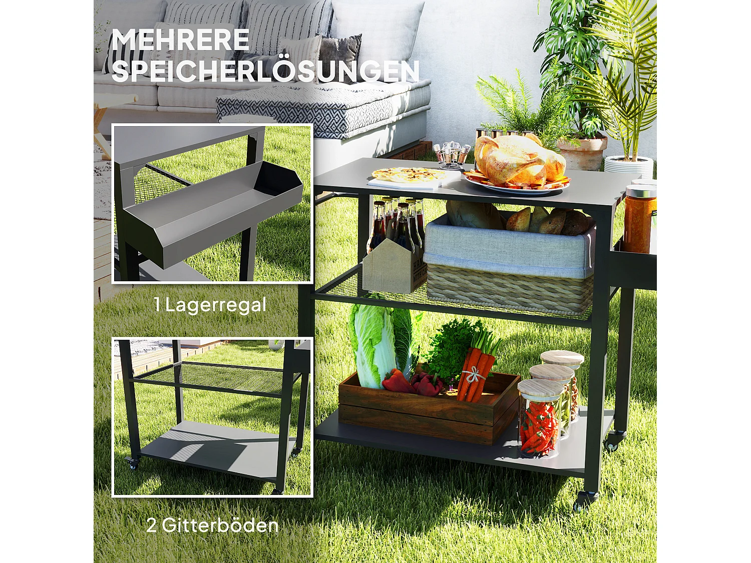 Chariot de barbecue 3 niveaux avec plan de travail, acier inoxydable, noir (105x50x79cm)