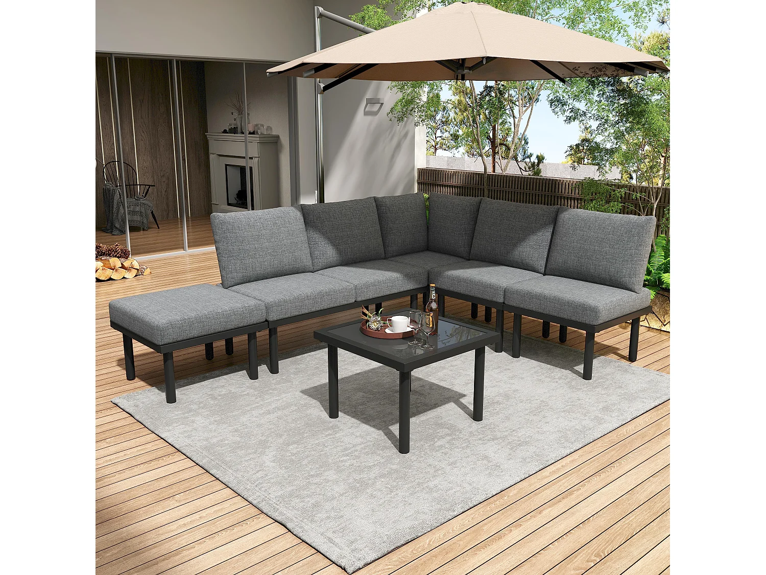Tuinmeubelset, 3-zitsbank, 2 fauteuils, salontafel, gegalvaniseerd staal, koordvlechtwerk, glas (afmetingen verstelbaar)