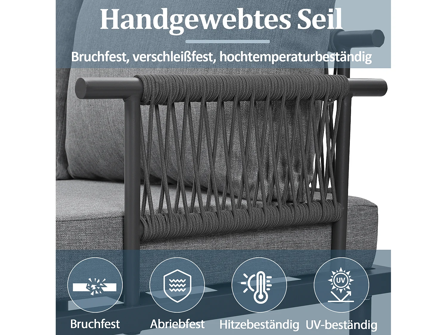 Tuinmeubelset, 3-zitsbank, 2 fauteuils, salontafel, gegalvaniseerd staal, koordvlechtwerk, glas (afmetingen verstelbaar)