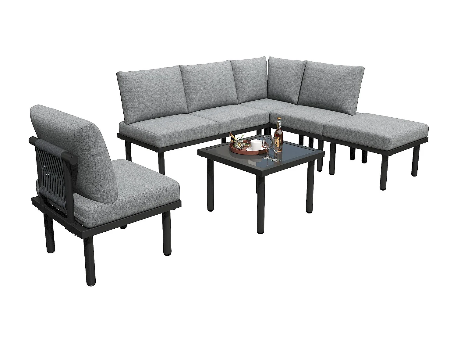 Tuinmeubelset, 3-zitsbank, 2 fauteuils, salontafel, gegalvaniseerd staal, koordvlechtwerk, glas (afmetingen verstelbaar)