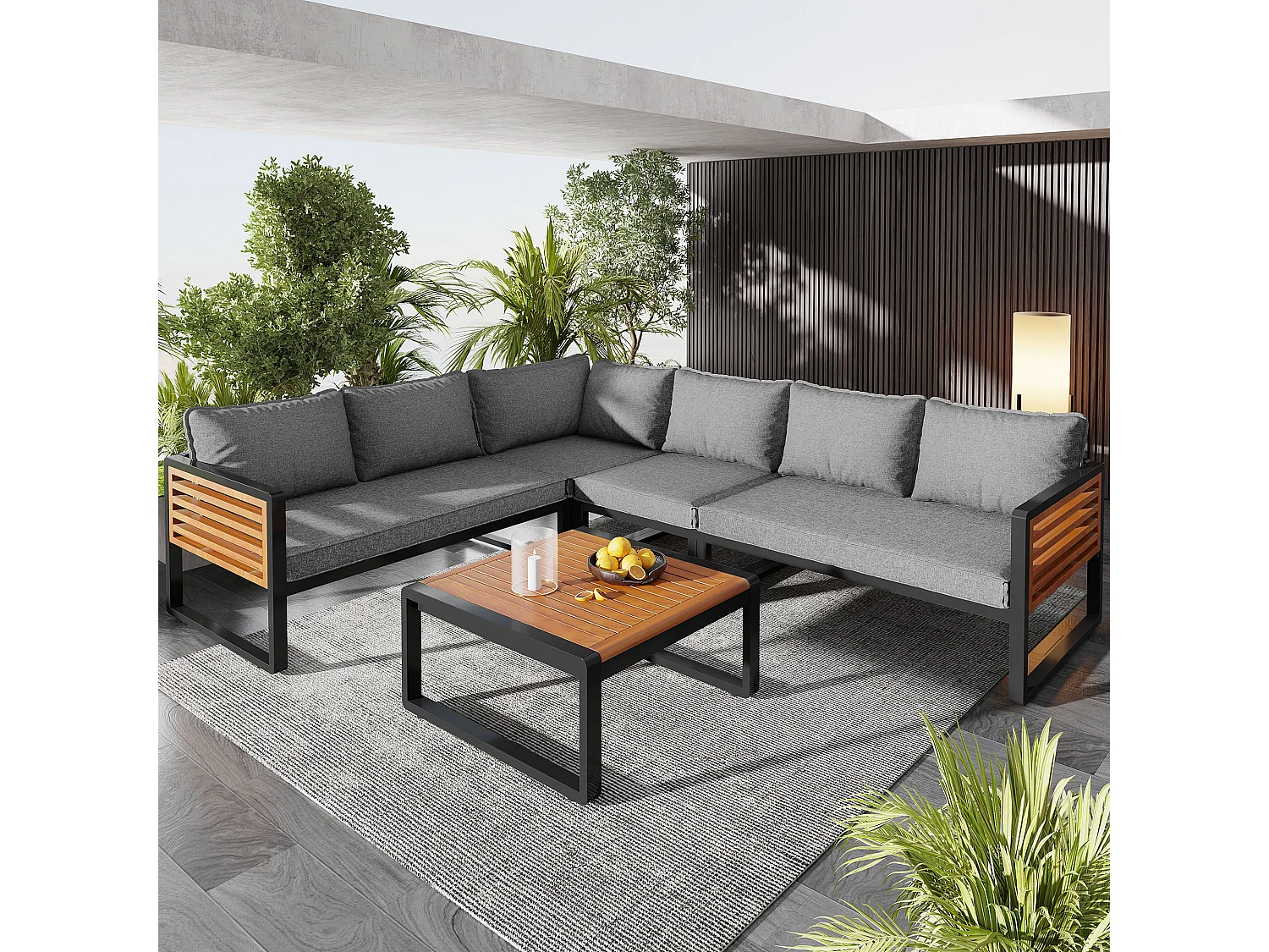 Tuinloungeset (5-6 personen), modern metalen meubilair met houten kasten, modulaire bank en salontafel, grijs en natuurlijk hout