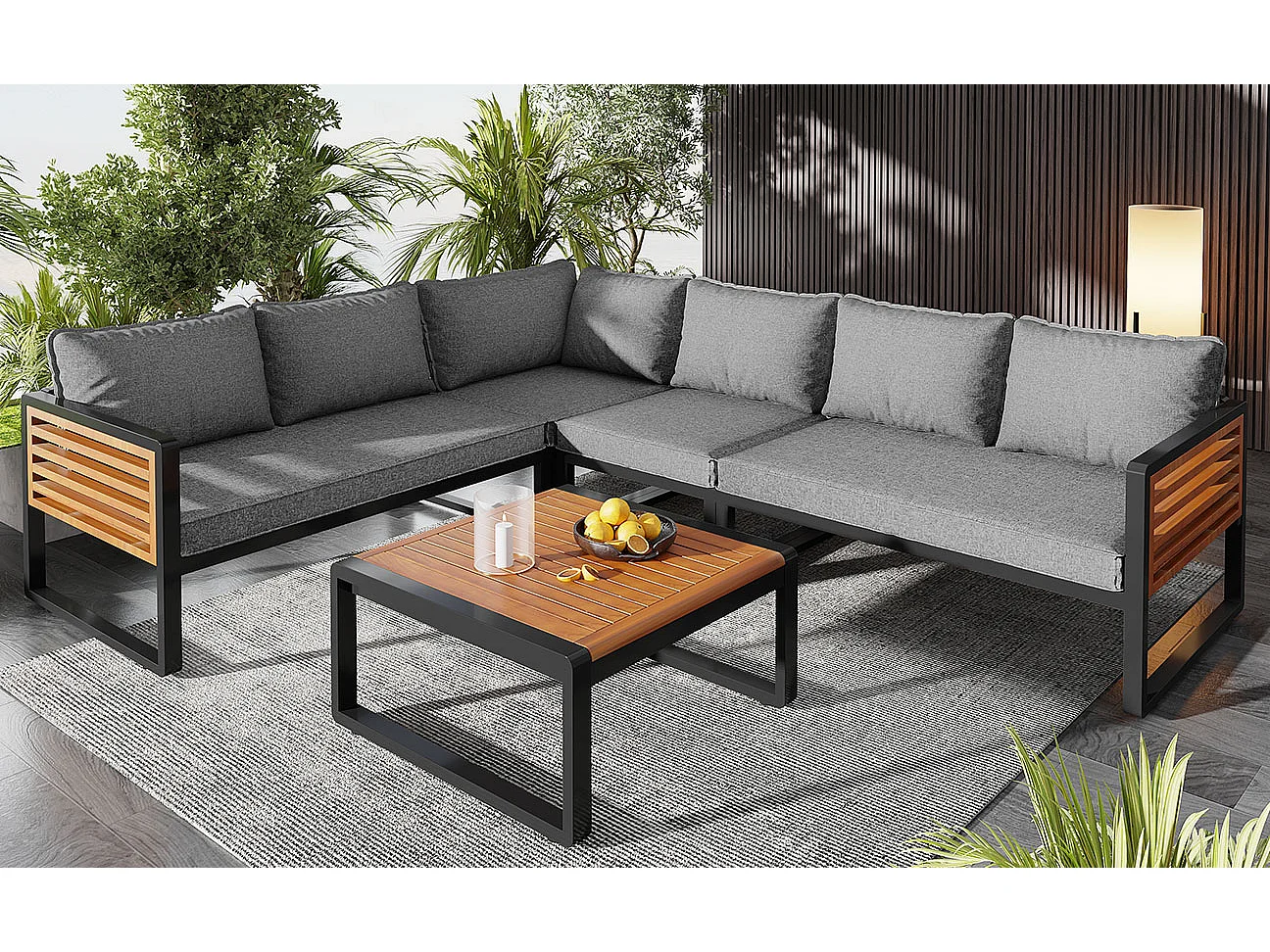 Tuinloungeset (5-6 personen), modern metalen meubilair met houten kasten, modulaire bank en salontafel, grijs en natuurlijk hout