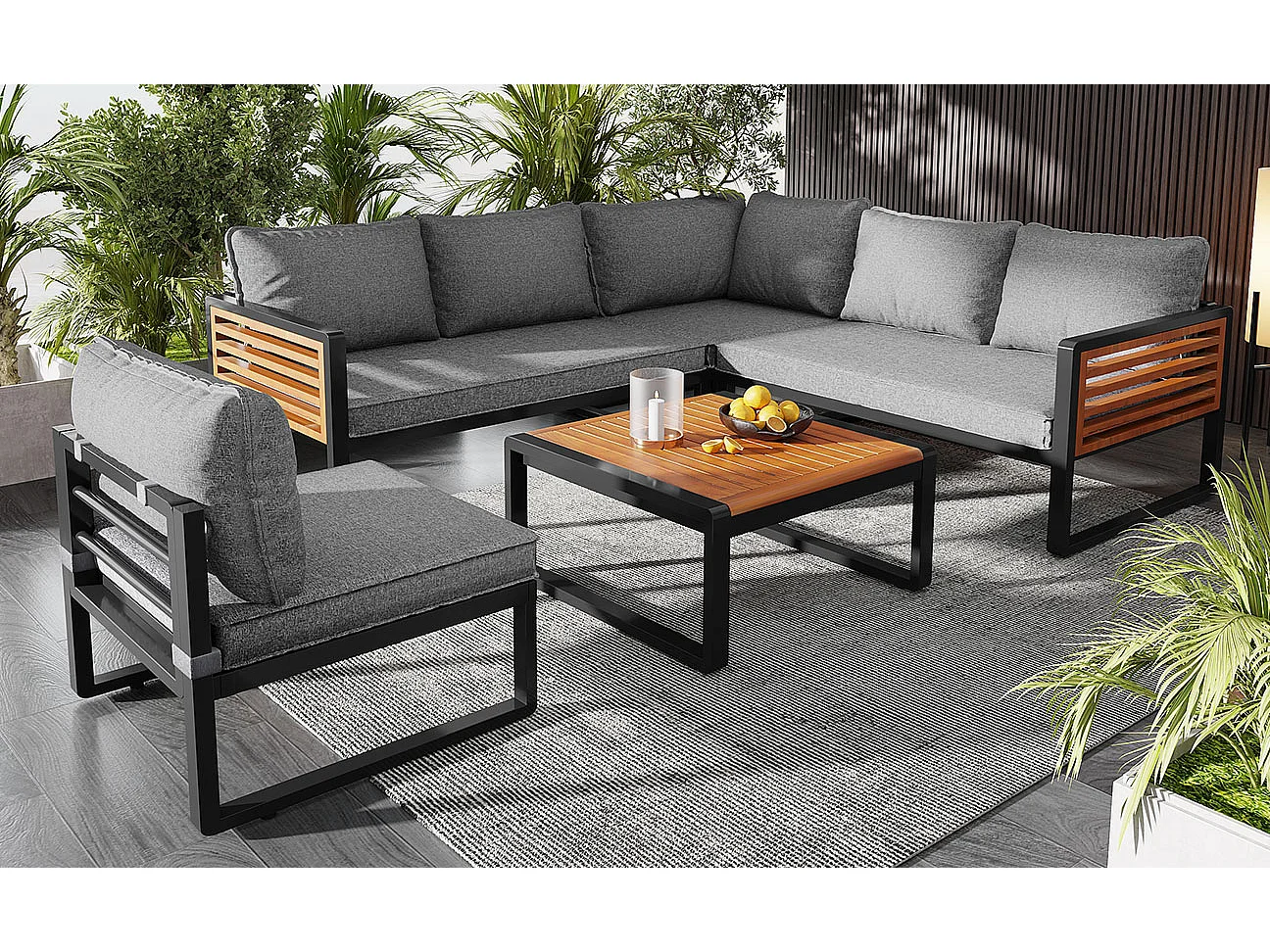 Tuinloungeset (5-6 personen), modern metalen meubilair met houten kasten, modulaire bank en salontafel, grijs en natuurlijk hout