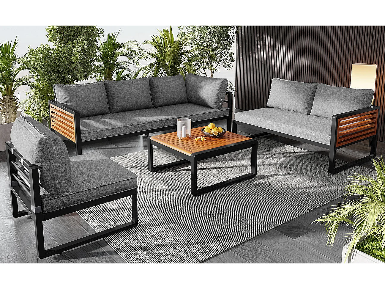 Tuinloungeset (5-6 personen), modern metalen meubilair met houten kasten, modulaire bank en salontafel, grijs en natuurlijk hout