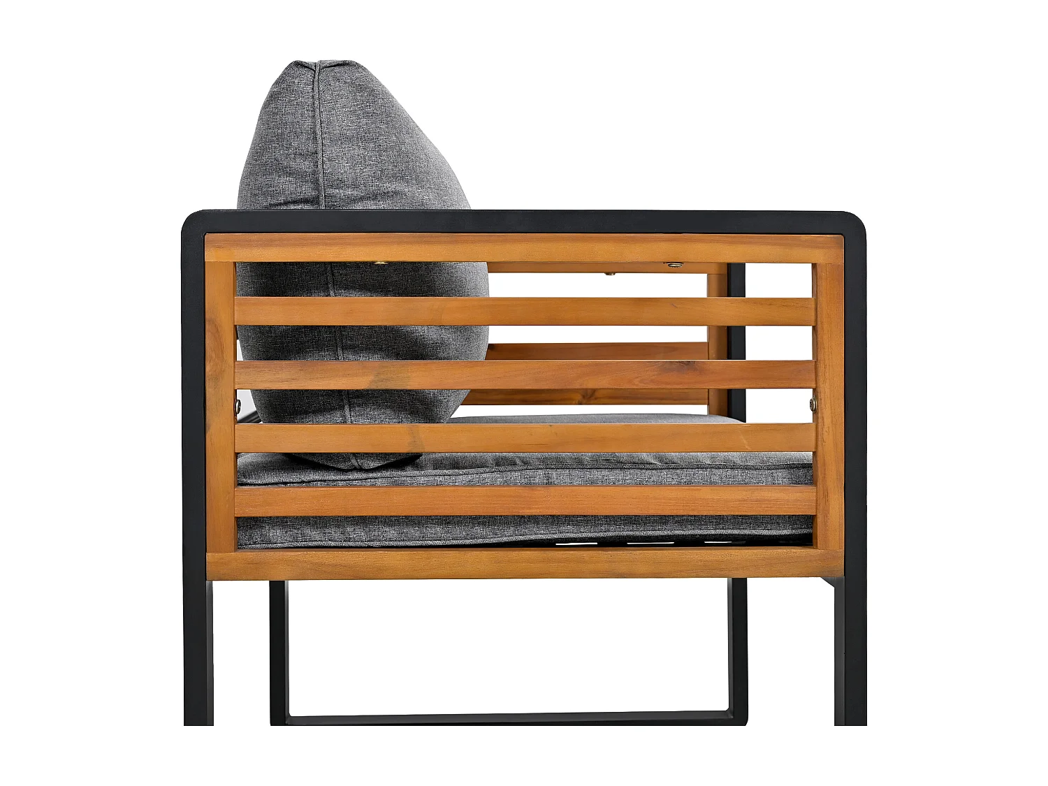 Tuinloungeset (5-6 personen), modern metalen meubilair met houten kasten, modulaire bank en salontafel, grijs en natuurlijk hout