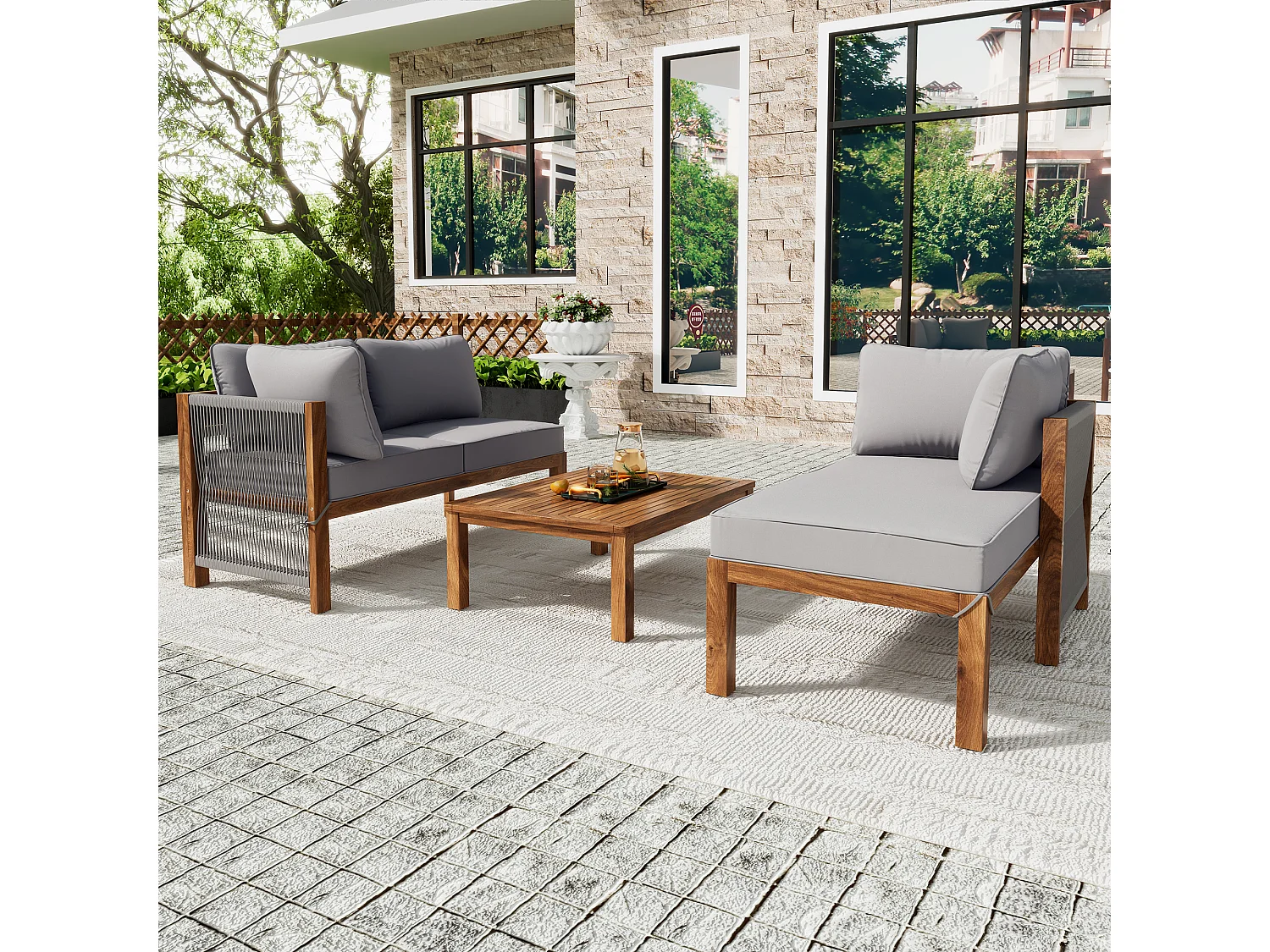 Set de fauteuils de jardin (3 pièces), cadre en acacia, mobilier d'extérieur L, avec pieds réglables, 2 canapés 2 places et 1 table
