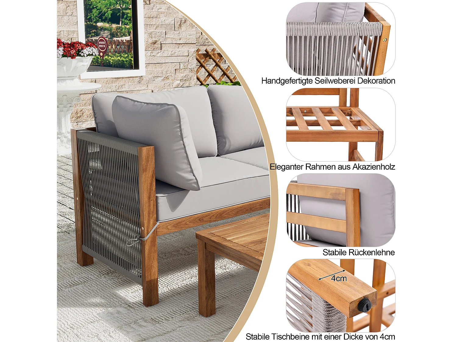 Set de fauteuils de jardin (3 pièces), cadre en acacia, mobilier d'extérieur L, avec pieds réglables, 2 canapés 2 places et 1 table