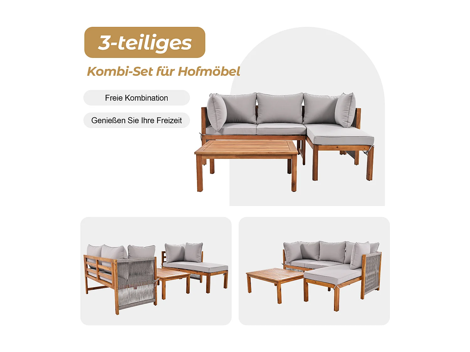 Set de fauteuils de jardin (3 pièces), cadre en acacia, mobilier d'extérieur L, avec pieds réglables, 2 canapés 2 places et 1 table