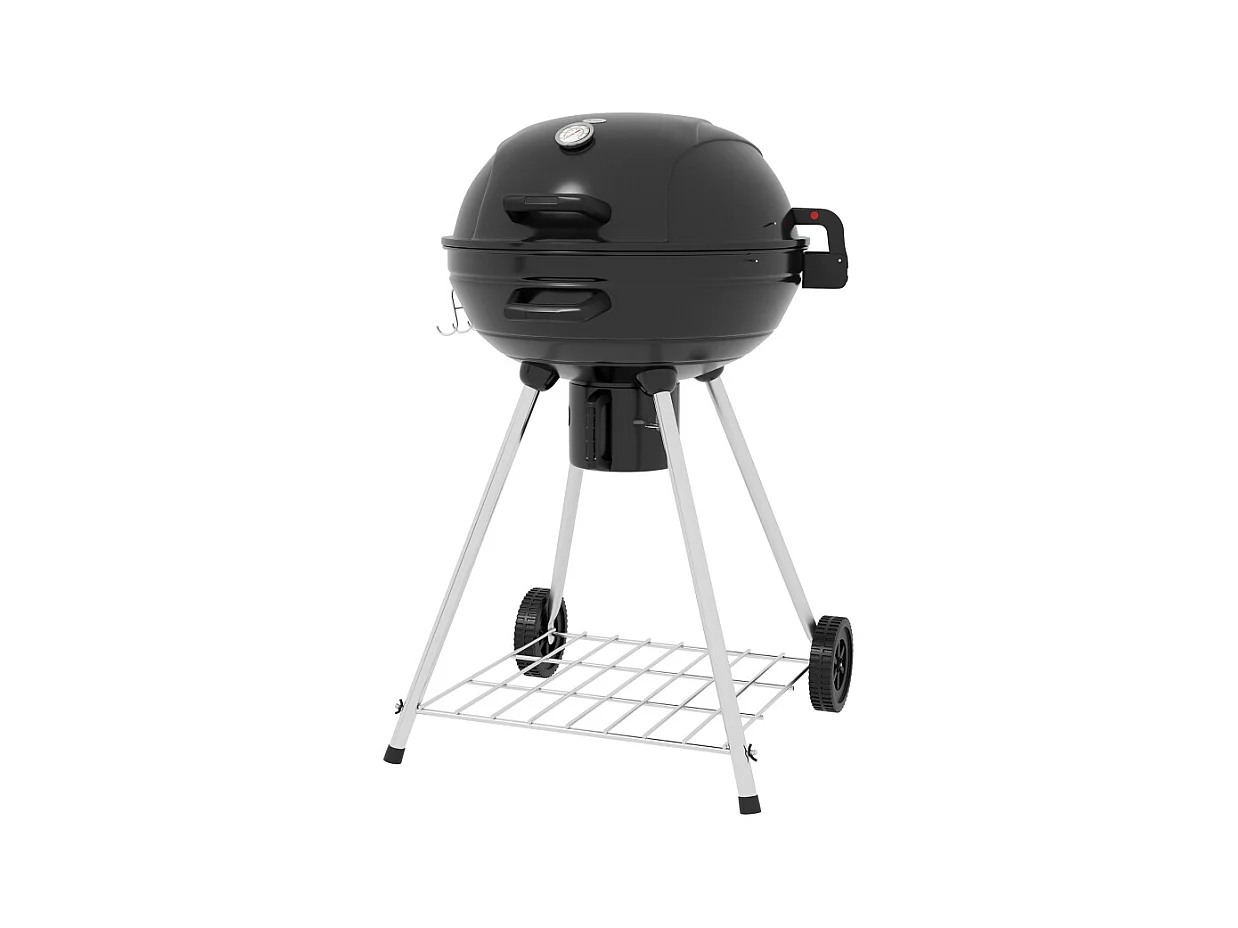 Barbecue à charbon, avec grill, roues, étagère, récupérateur de cendres et thermomètre intégré, métal noir (65x55x89 cm)