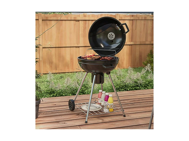 Barbecue à charbon, avec grill, roues, étagère, récupérateur de cendres et thermomètre intégré, métal noir (65x55x89 cm)