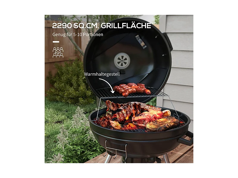 Barbecue à charbon, avec grill, roues, étagère, récupérateur de cendres et thermomètre intégré, métal noir (65x55x89 cm)
