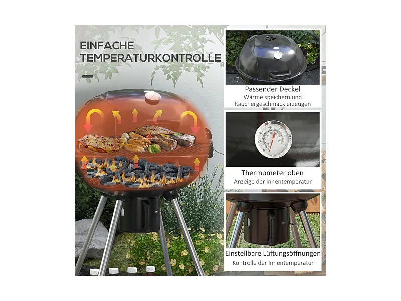 Barbecue à charbon, avec grill, roues, étagère, récupérateur de cendres et thermomètre intégré, métal noir (65x55x89 cm)