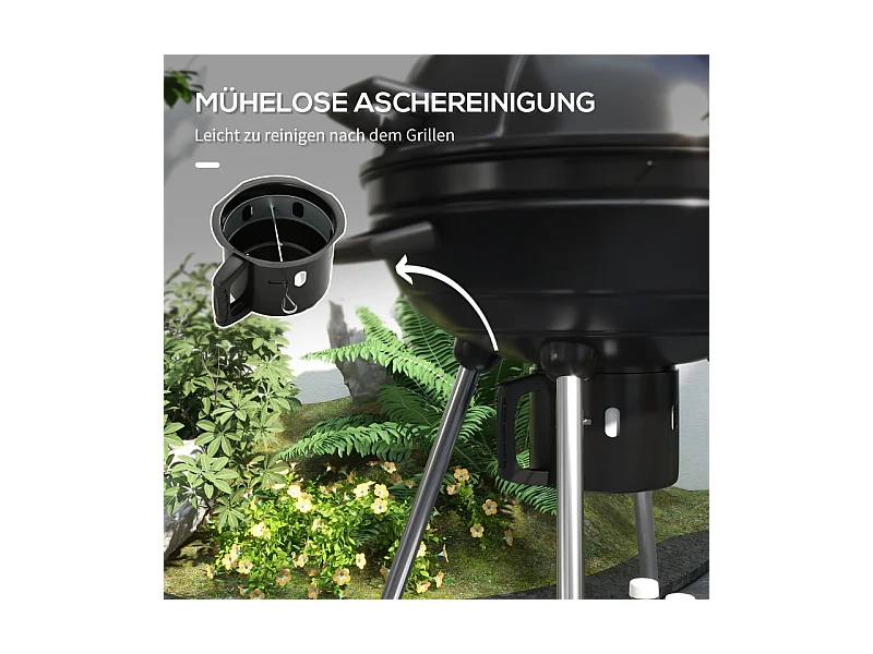 Barbecue à charbon, avec grill, roues, étagère, récupérateur de cendres et thermomètre intégré, métal noir (65x55x89 cm)