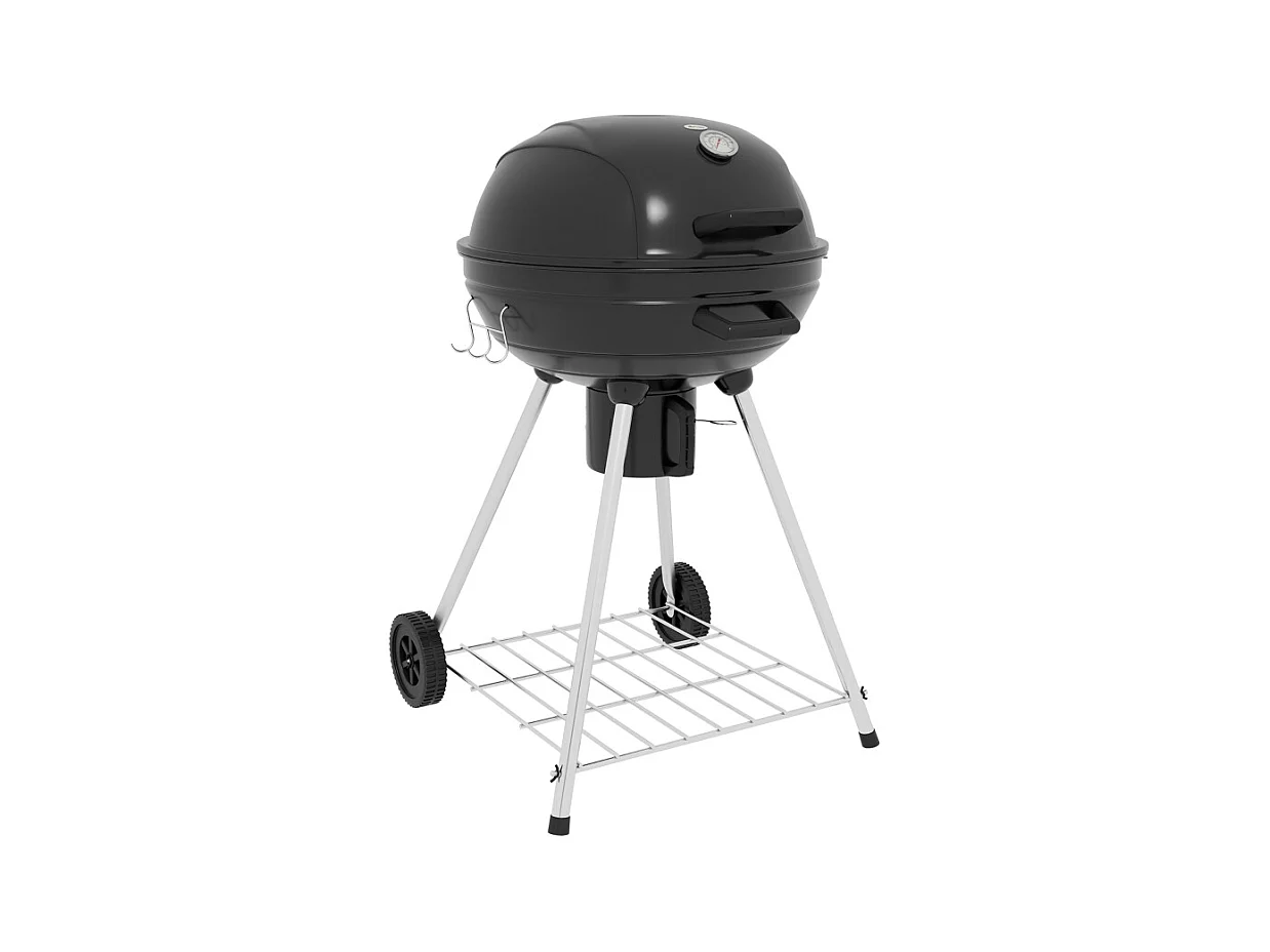Barbecue à charbon, avec grill, roues, étagère, récupérateur de cendres et thermomètre intégré, métal noir (65x55x89 cm)