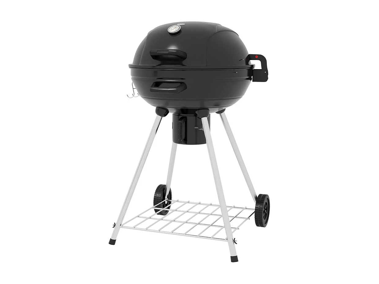 Barbecue a carbonella, con griglia, ruote, ripiano, raccogli cenere e termometro integrato, in metallo nero (65x55x89 cm)