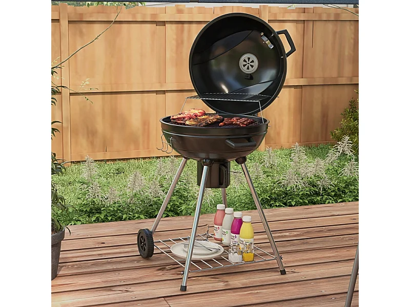 Barbecue a carbonella, con griglia, ruote, ripiano, raccogli cenere e termometro integrato, in metallo nero (65x55x89 cm)