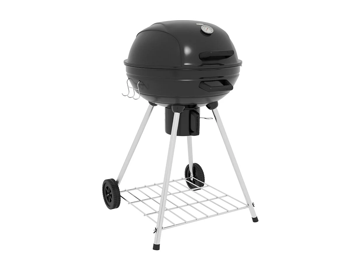 Barbecue a carbonella, con griglia, ruote, ripiano, raccogli cenere e termometro integrato, in metallo nero (65x55x89 cm)