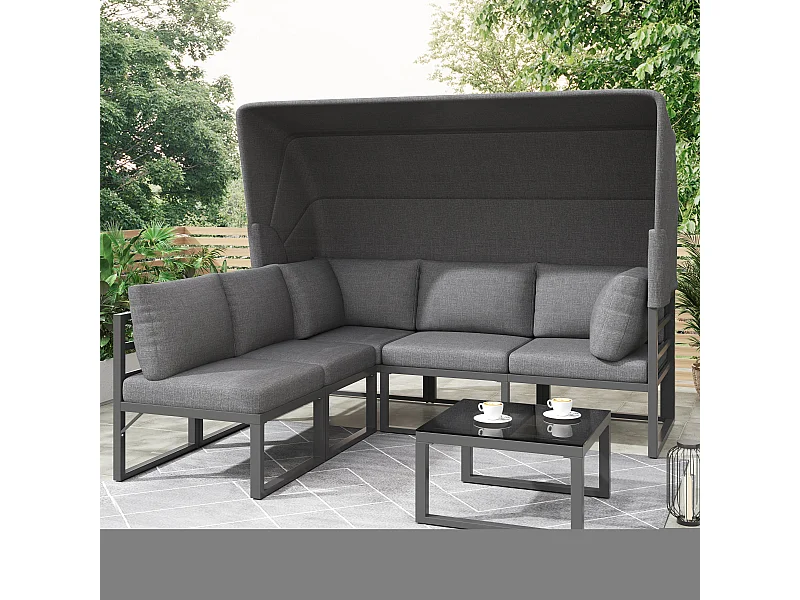 Conjunto de muebles de jardín con 4 sillones, estructura de hierro, tejido resistente a la intemperie, color gris, con mesa de centro y sombrilla (199x60x65 cm)