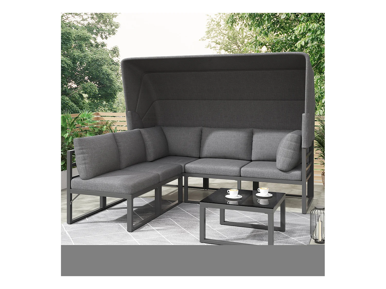 Salon de jardin avec 4 fauteuils, structure en fer, tissu résistant aux intempéries, gris, avec table basse et parasol (199x60x65 cm)