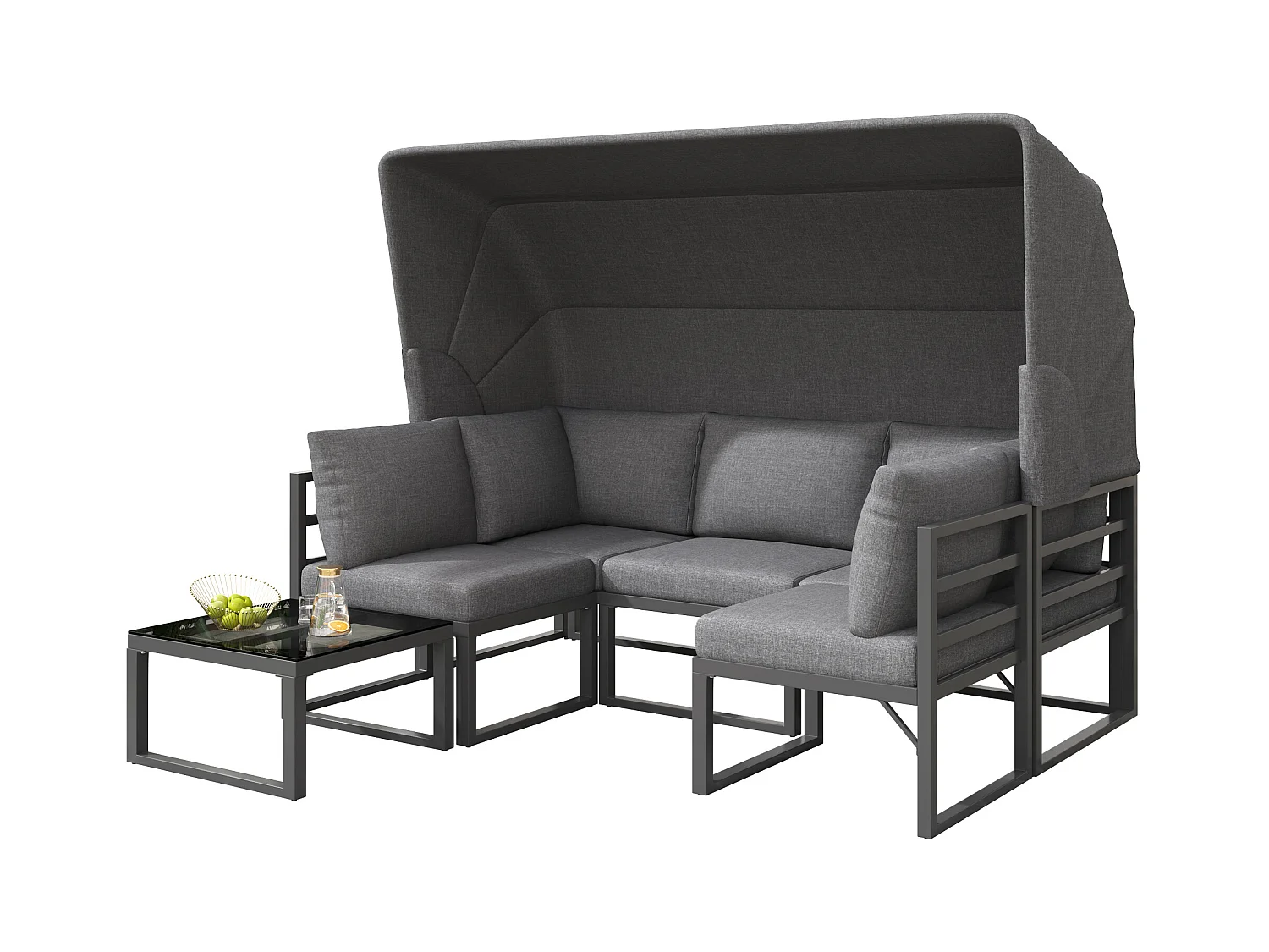 Salon de jardin avec 4 fauteuils, structure en fer, tissu résistant aux intempéries, gris, avec table basse et parasol (199x60x65 cm)