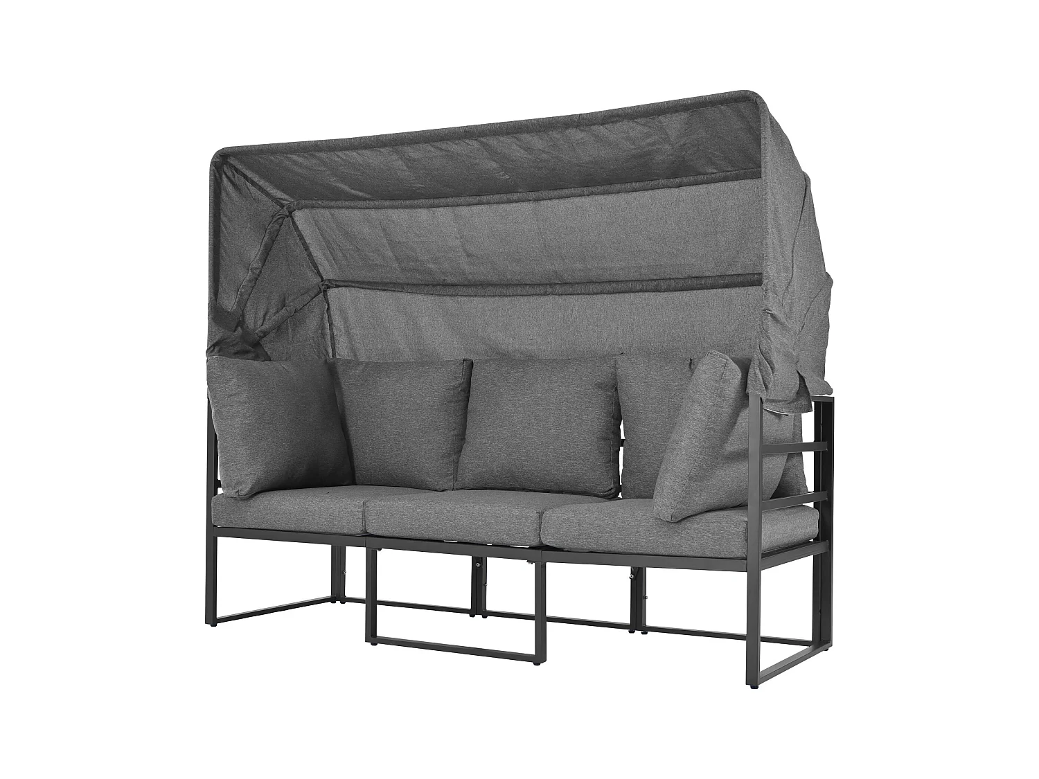 Salon de jardin avec 4 fauteuils, structure en fer, tissu résistant aux intempéries, gris, avec table basse et parasol (199x60x65 cm)