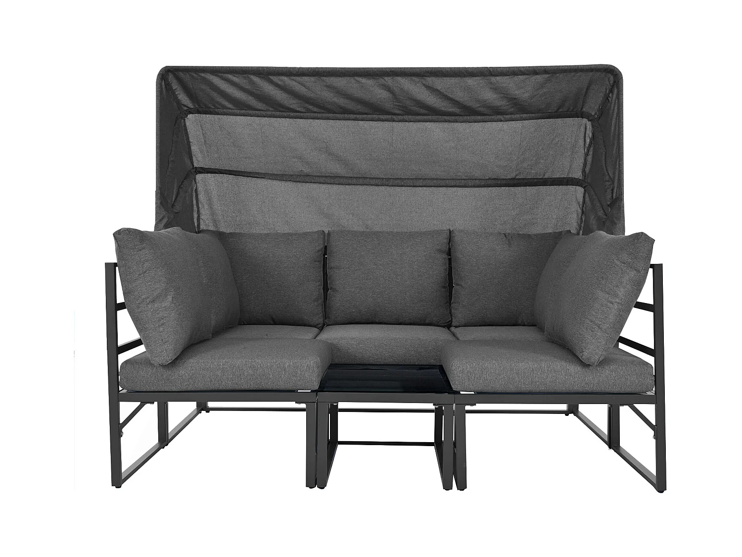 Salon de jardin avec 4 fauteuils, structure en fer, tissu résistant aux intempéries, gris, avec table basse et parasol (199x60x65 cm)