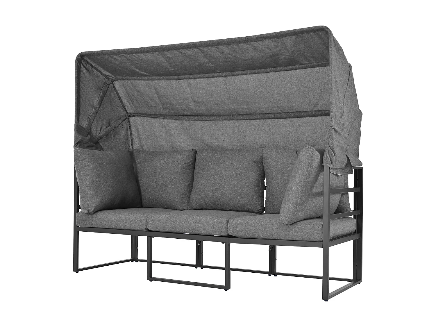 Salon de jardin avec 4 fauteuils, structure en fer, tissu résistant aux intempéries, gris, avec table basse et parasol (199x60x65 cm)