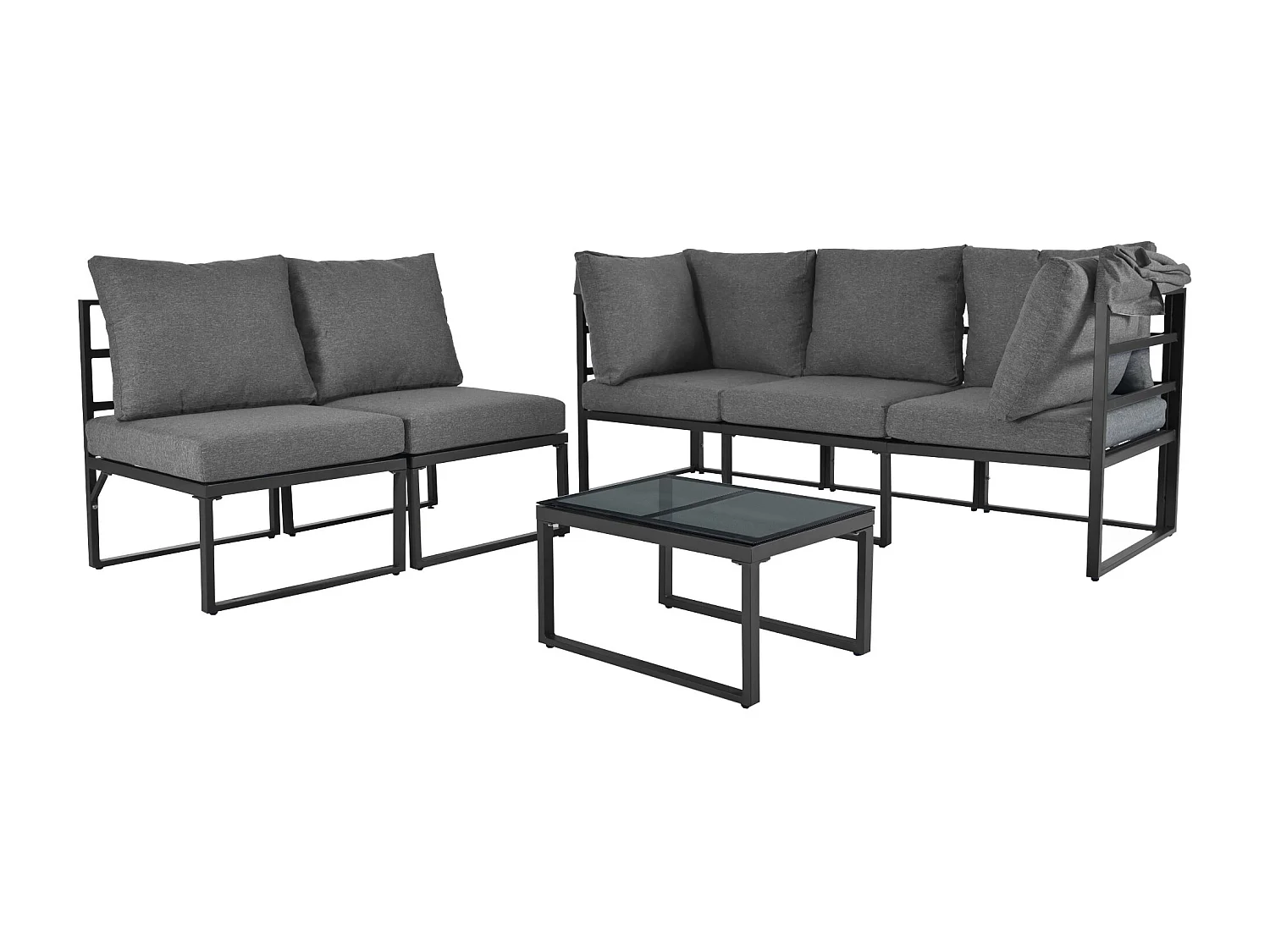 Salon de jardin avec 4 fauteuils, structure en fer, tissu résistant aux intempéries, gris, avec table basse et parasol (199x60x65 cm)