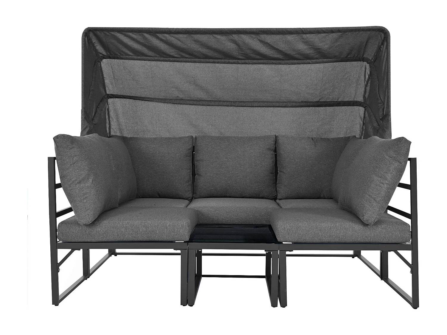 Salon de jardin avec 4 fauteuils, structure en fer, tissu résistant aux intempéries, gris, avec table basse et parasol (199x60x65 cm)