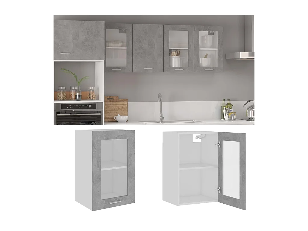 Armoire en verre suspendue Gris béton Bois d'ingénierie