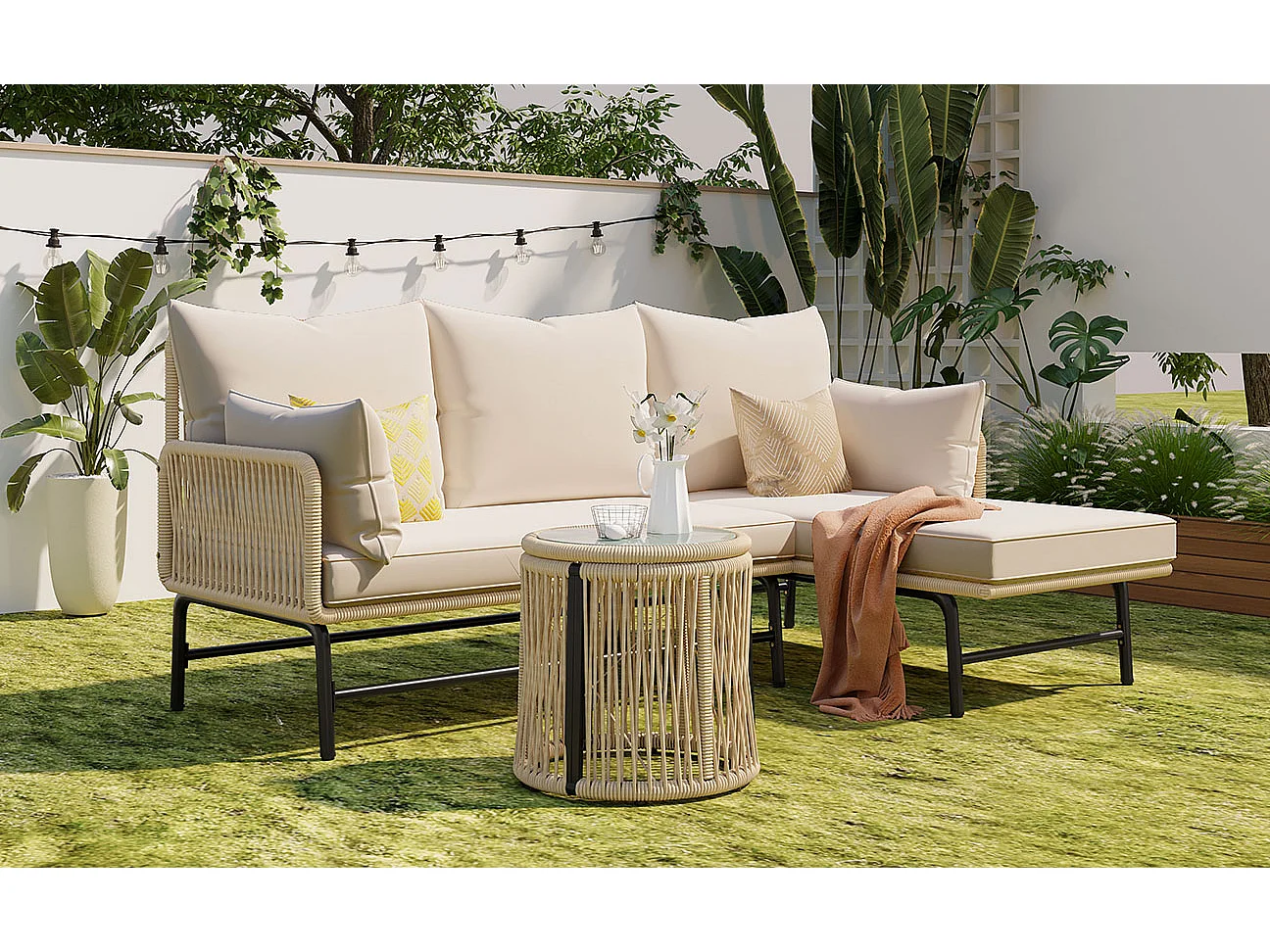 Ensemble de salon de jardin, 4 pièces, canapé L en corde beige avec cadre en fer, table en verre, coussins amovibles, pieds réglables